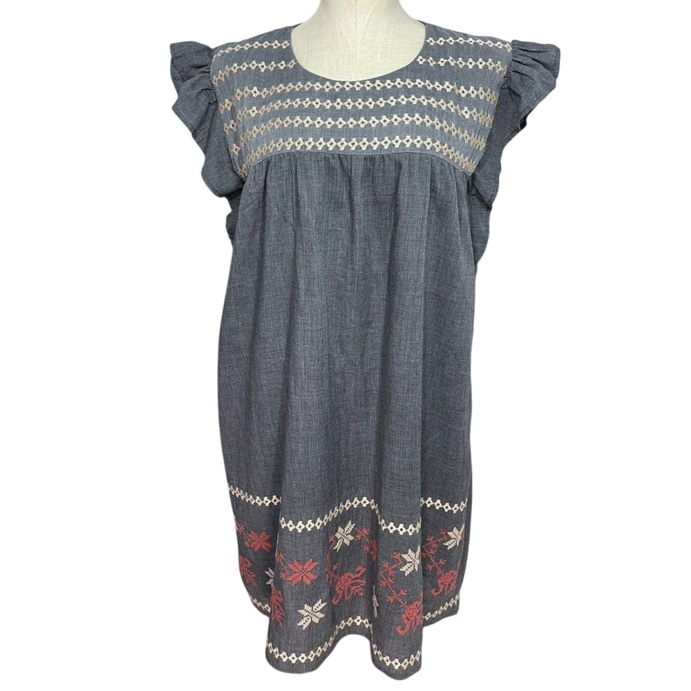 THML Embroidered Flutter Sleeve Cotton Linen Dress S Grey Boho Minimalistic Mini